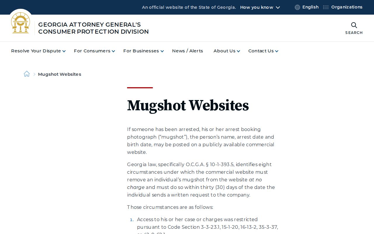 Georgia Attorney General guidance about commercial mugshot removal