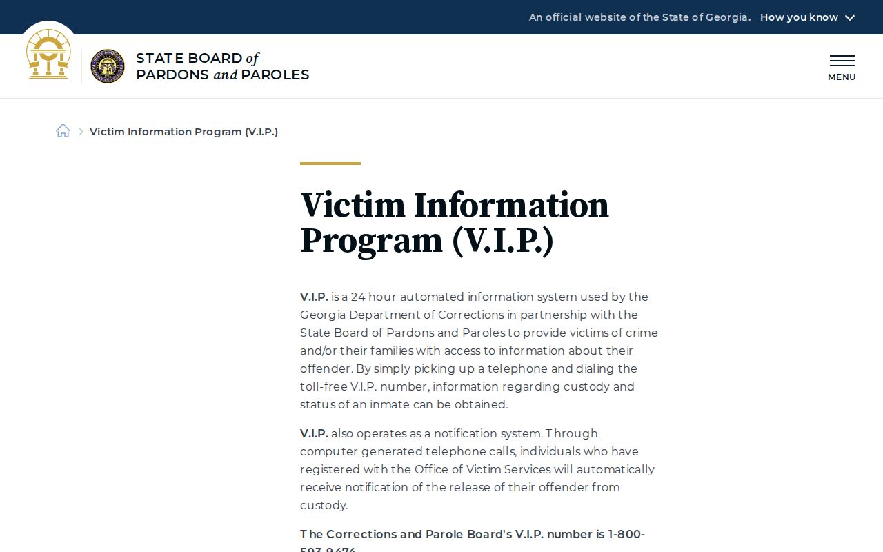Georgia V.I.P. telephone custody and release notification information